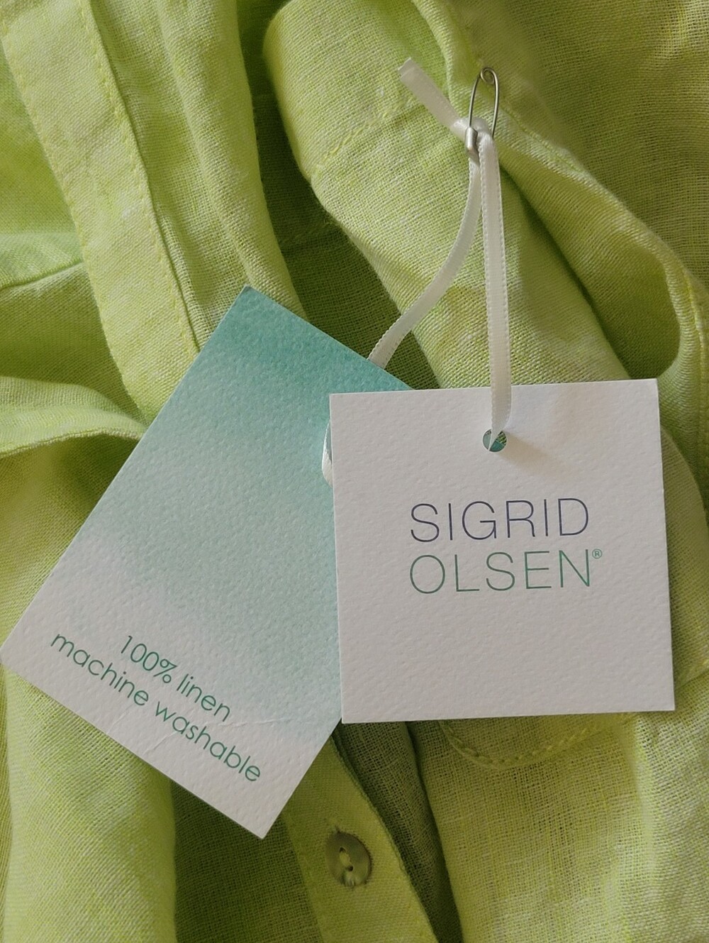 NWT Sigrid Olsen 100% Linen Button Down Shirt Long Sleeve Tunic Light Green XL - Picture 10 of 10